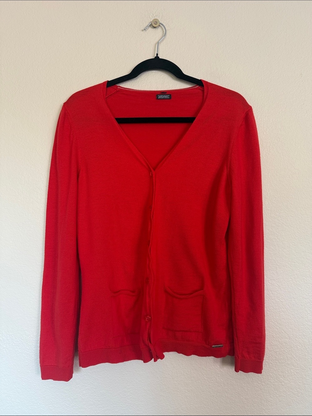 Saint James red wool button down cardigan tan elbow patches